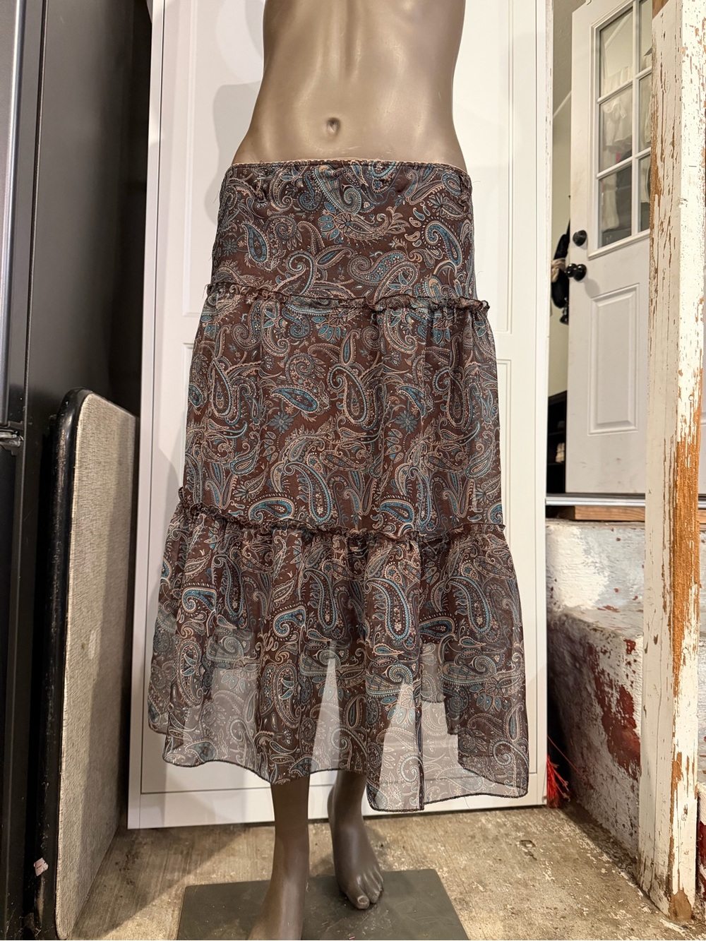 Vintage Y2K Paisley Tiered Maxi Skirt Brown Blue Boho Sheer Ruffle - Picture 2 of 8